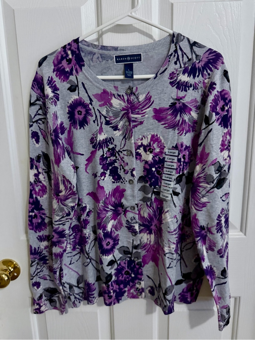 NWT Karen Scott Gray and Purple Floral Button-Front Cardigan